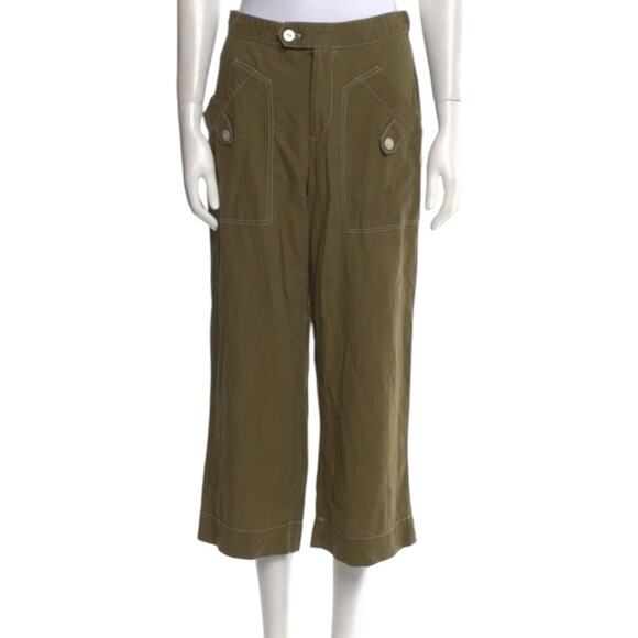 H Halston Army Olive Green Linen Crop Pants Wide Leg size large - Picture 1 of 6